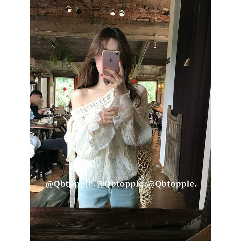 French-Style Asymmetrical Lace Textured Long-Sleeve Chiffon Shirt for Women, Spring and Summer, with Bow Tie, Thin Sun-Protective Top