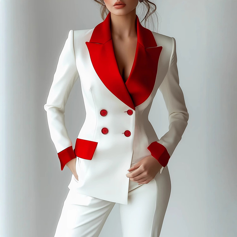 2025 European and American Women's Clothing Amazon Independent Long-Sleeved Button Suit Collar Splicing Flap Pocket Pants Small Suit Small Suit