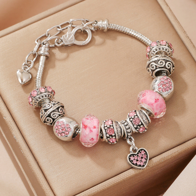 Cross-Border European and American Hot Selling DIY Heart Bead Bracelet Pink Large Hole Bead Personalized Bracelet Women's Hand Jewelry Wholesale Cross-Border European and American Hot Selling DIY Heart Bead Bracelet Pink Large Hole Bead Personalized Bracelet Women's Hand Jewelry Wholesale