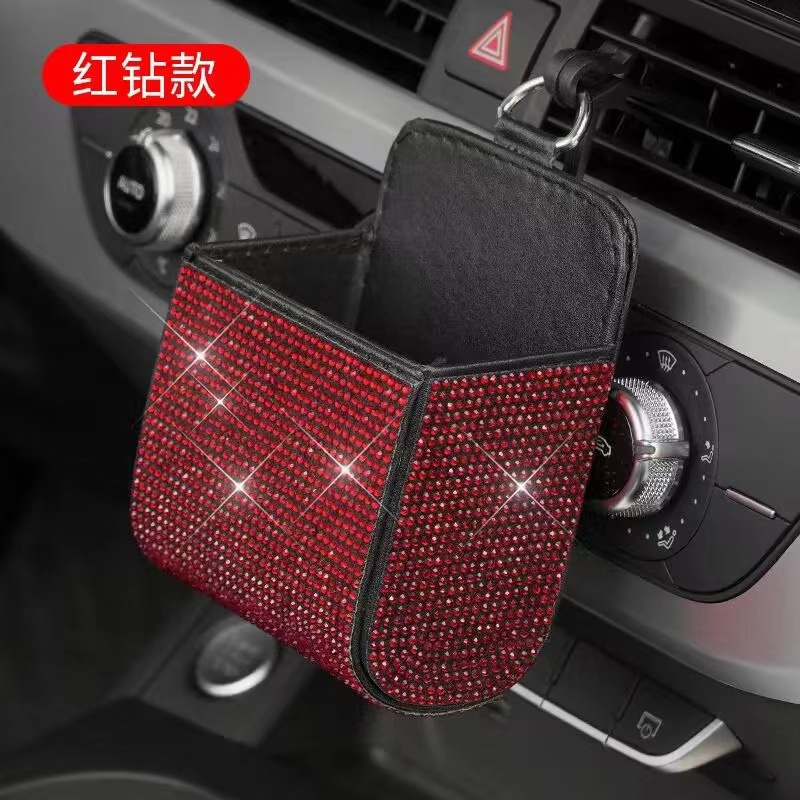 Bolsa de almacenamiento de salida de aire del coche Caja de almacenamiento multifuncional de cuero de coche con diamante Caja de almacenamiento de piel de oveja de salida de aire Bolsa