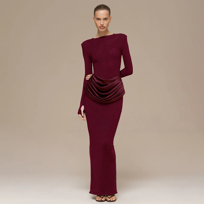 2025 transfronterizo Europa y América ropa de mujer otoño y invierno nuevo temperamento de color sólido mangas largas plegadas delgadas bolsas de cadera vestido largo para mujeres