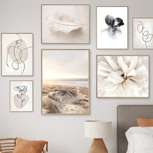 北欧抽象几何线条情侣人物白色花卉植物枯草沙滩客厅卧室装饰挂画