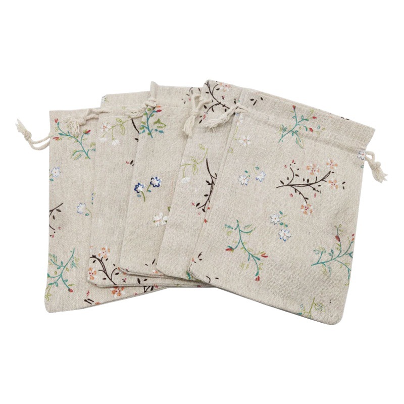Rama pequeña flor de algodón bolsa de lino de impresión cordón pequeña bolsa de embalaje de la medicina herbal china joyería bolsa de regalo al por mayor