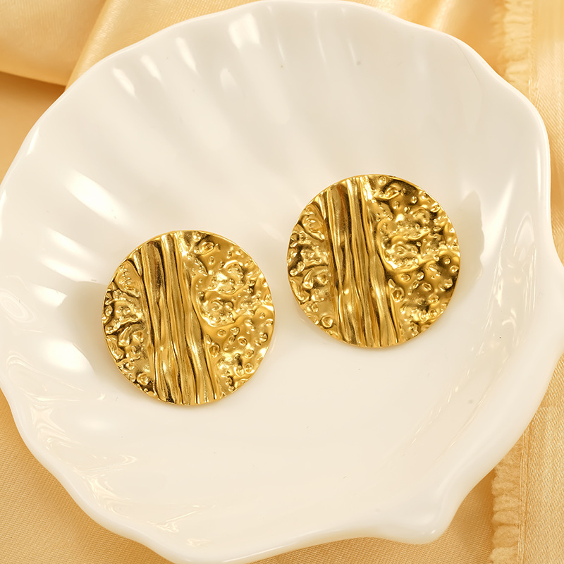 Hammered Gold Plated Stud Earrings For Women Elegant Round Style_voghion.com