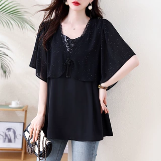 大码法式领蕾丝雪纺衫胖遮肉显瘦亮片假两件气质洋气小衫