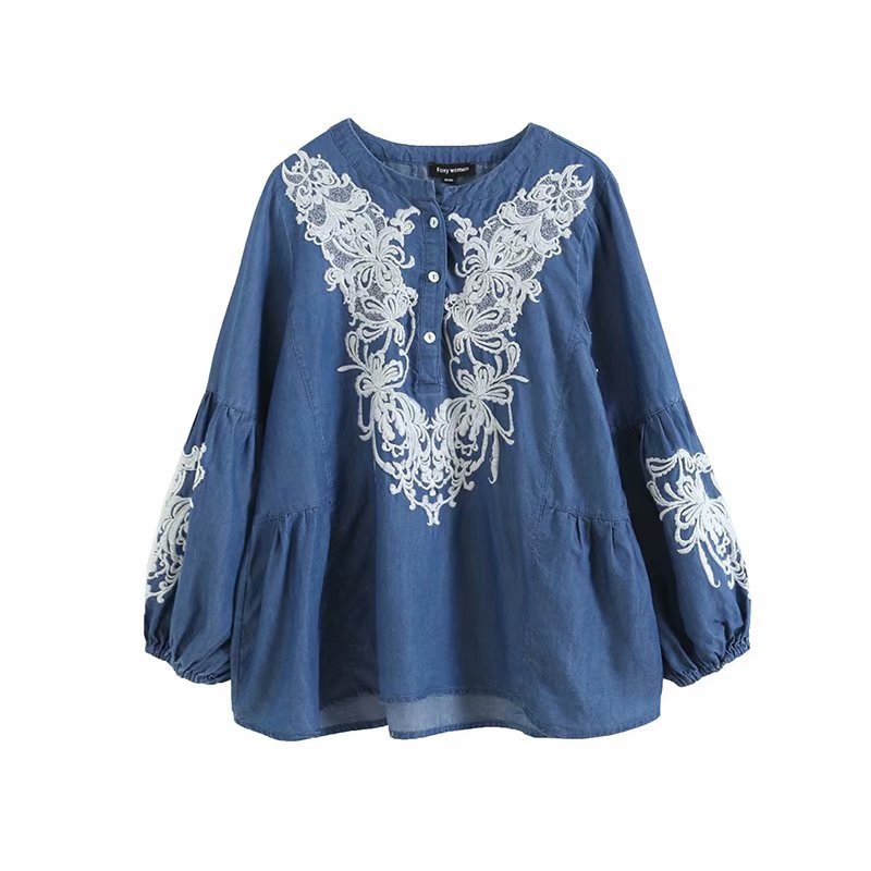 round neck embroidered tencel denim shirt NSAM34012