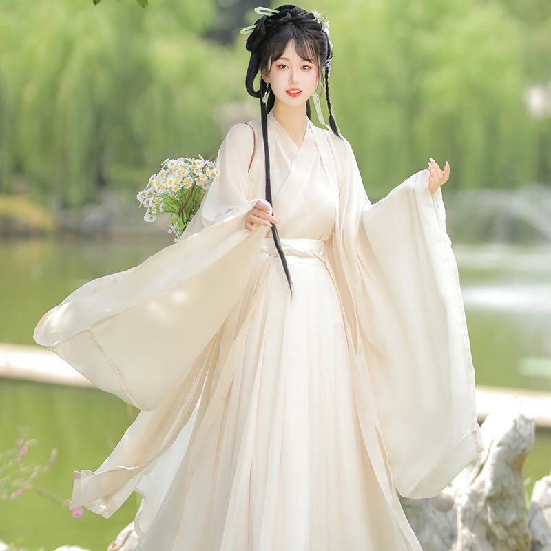Original Adult Hanfu Women's Clothing by Biyu, Wei-Jin Style Cross-Collar, Waist-Length, Large-Sleeve Ming-Style Flowy Skirt for Daily Wear and Photo Studio