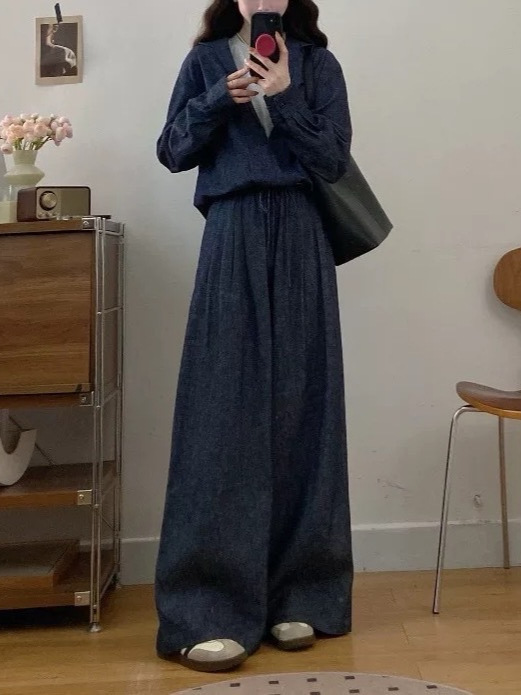 2025春季新款亚麻棉牛仔套装高级假两件外套宽松阔腿长裤|undefined