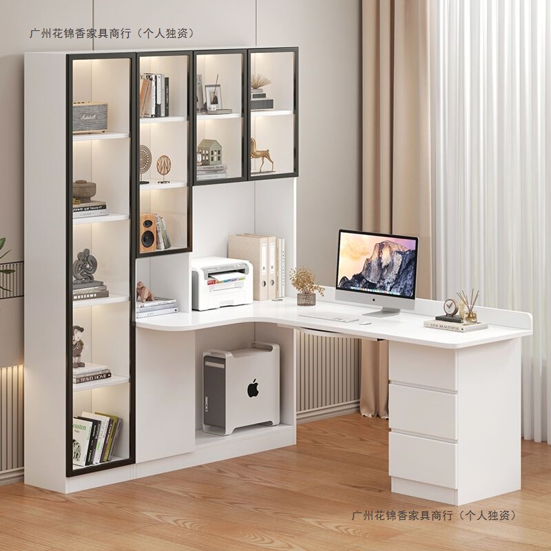 Solid Wood Light Luxury Corner Desk Bookshelf Integrated Computer Desk Bookcase Combination Bedroom Home Student Study Desk Writing