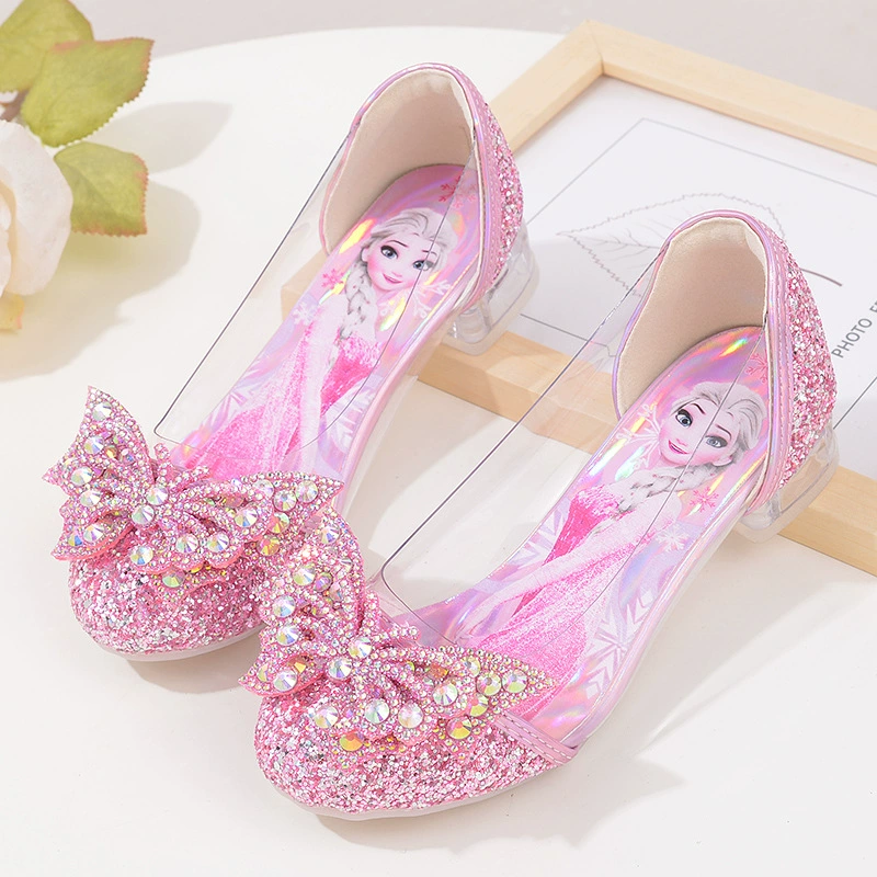 Кожаная обувь для девочек, новинка 2025 года, туфли принцессы Эльзы, туфли на одинарной платформе, туфли с кристаллами для маленьких девочек, детские туфли на высоком каблуке с блестками для выступлений