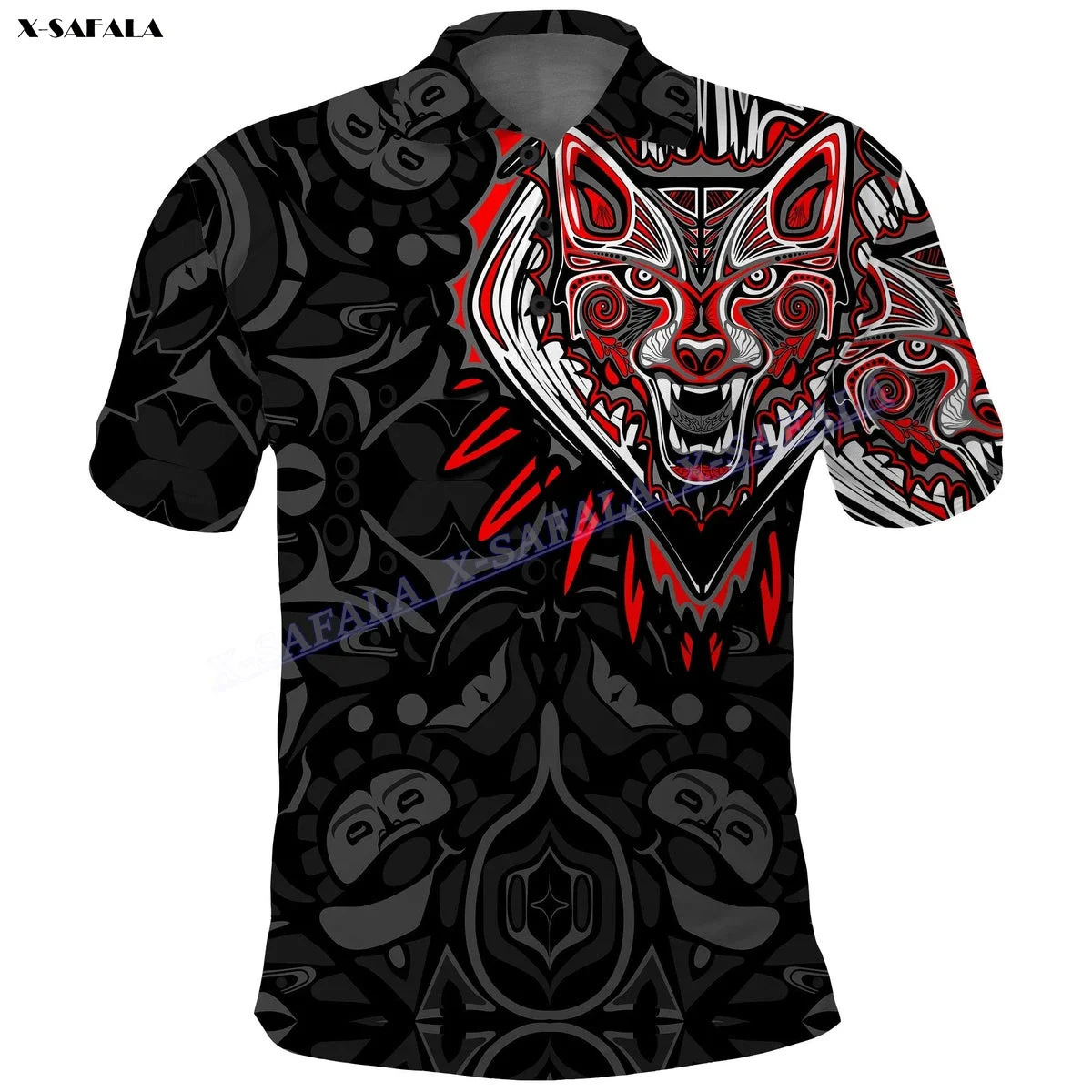 New Fashionable European and American Men's Short-Sleeved Button-Down Polo Shirt Canadian Haida Wolf 3D Digital Printing Summer Casual