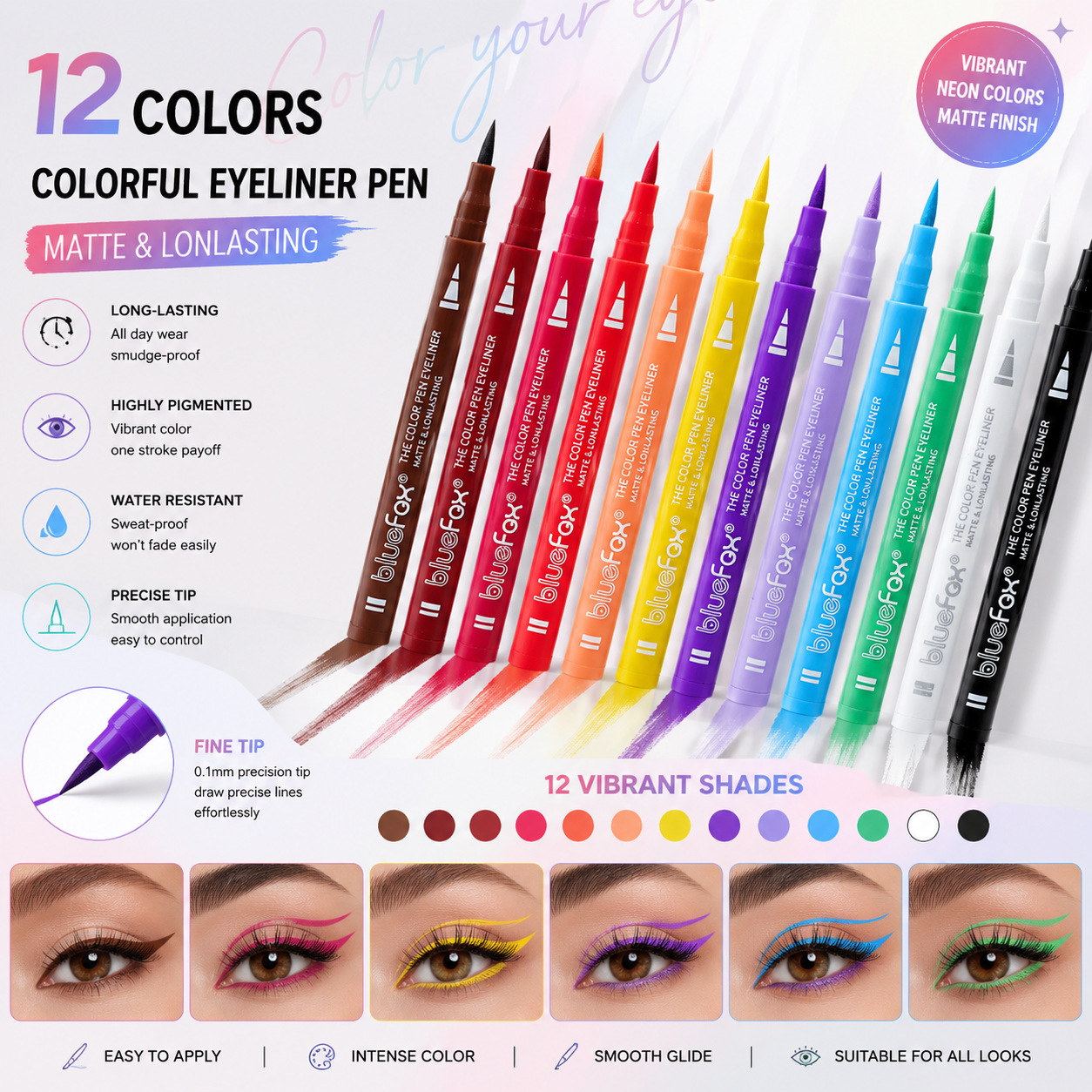 12-color fluorescent eyeliner set, waterproof, smudge-proof, long-lasting color, suitable for stage and party creative makeup