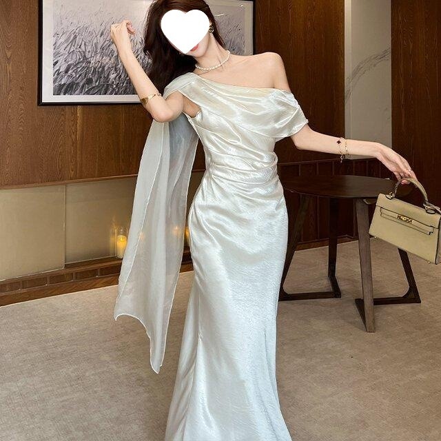 2026 Summer New Fashion Elegant White Satin Off-Shoulder Dress for Women, French Style Ribbon Gown Long Dress