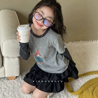 小红鱼女童假两件长袖T恤秋装2026新款大童秋季亲子上衣儿童衣服
