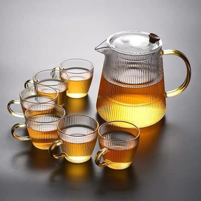 Tetera de vidrio climatizada engrosada patrón vertical tetera de filtro hogar Kung Fu fruta flor tetera juego de té traje