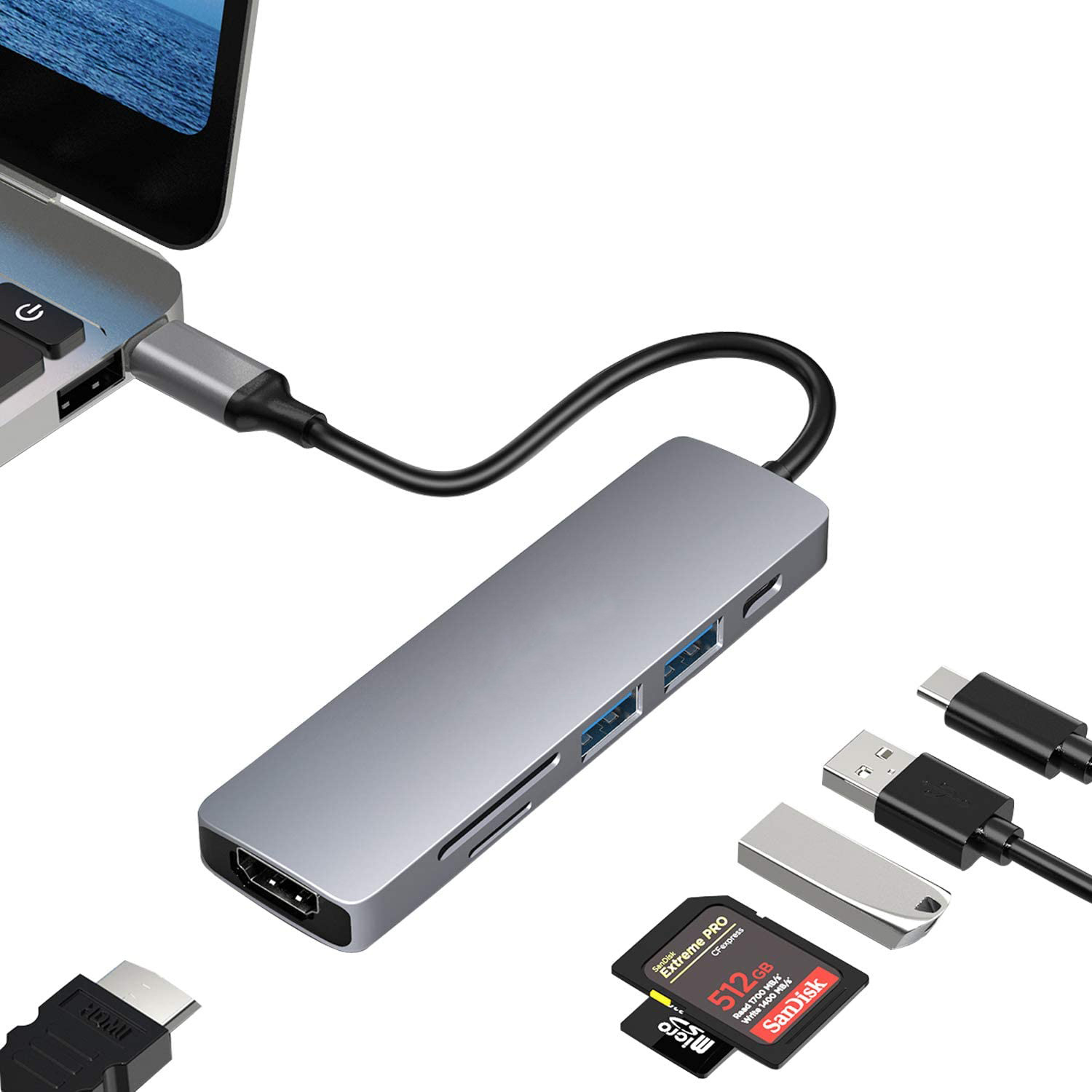 Hub Tipo-C 6 en 1 – Adaptador con USB, 4K HD, para Laptop