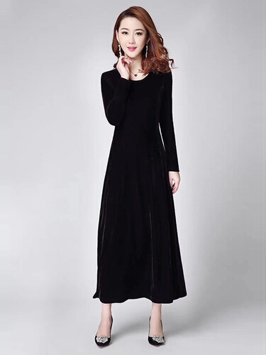 Velvet Glamorous Dress for Spring, Autumn, and Winter - Long Skirt, Mother's Base Cheongsam, Cover Stomach, Elegant Style, Thickened, Knee-Length