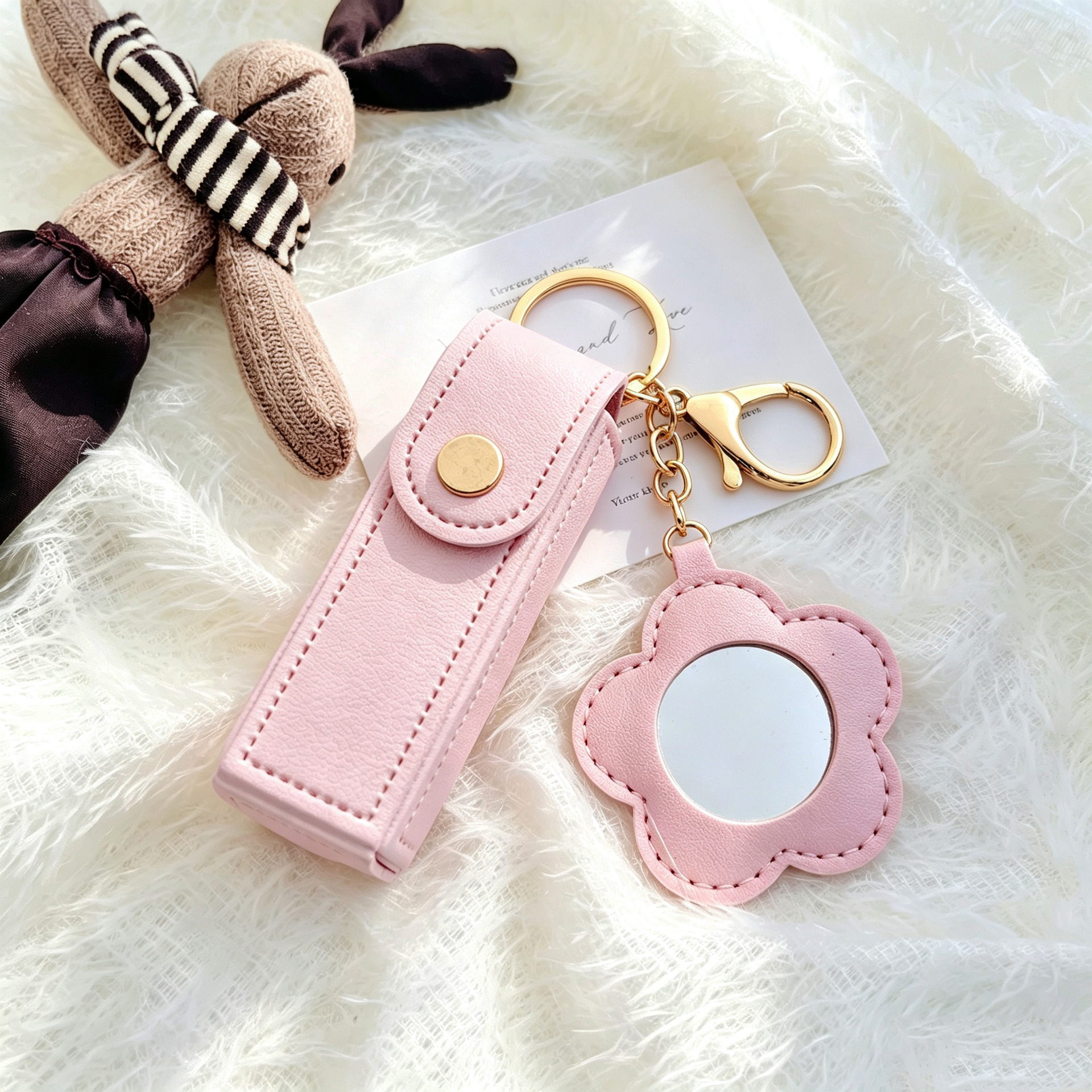 Niedlicher Sommer-Mini-INS-Schlüsselanhänger aus Leder mit Blumen-Spiegel, tragbares Auto-Schlüsselring-Taschen-Accessoire, Kreativität, Mädchen-Geschenk – Detail 4