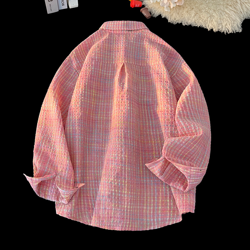 Bubble Gauze Plaid Long Sleeve Men's Spring And Autumn Trendy American Retro Shirt Fashionable Versatile Turn-down_voghion.com