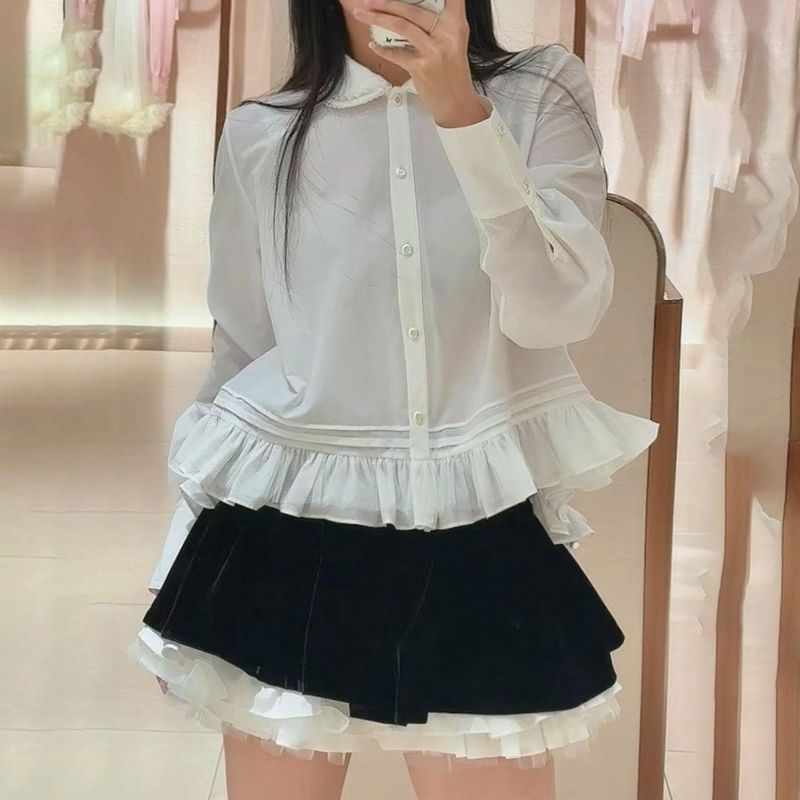 【Zhuo* Brand in Stock】Nanyou Quality 2025 Early Autumn French Doll Collar White Shirt for Women, Niche Ruffle Design