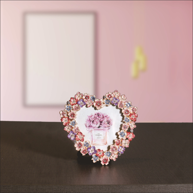 クロスボーダー田園フォトフレーム日韓系創意置物小花金属フォトフレームハート型スクエアコンビネーションフォトフレーム置物