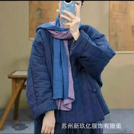 2025文艺复古斜襟盘扣纯亚麻炒色棉衣棉服女冬季国风复古宽松夹棉