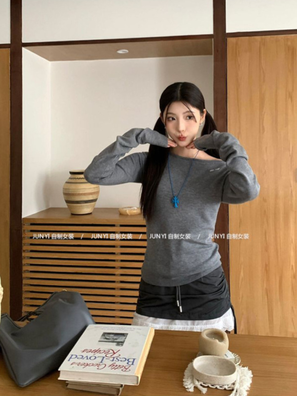 纯欲辣妹一字肩内搭针织衫女秋季韩系修身打底衫显瘦长袖小上衣服|undefined