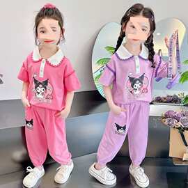 女小童运动套装夏季2026新款女洋气时髦卡通翻领小女孩卡通两件套