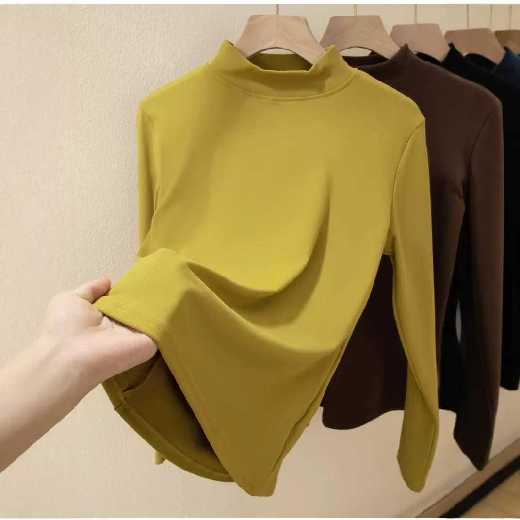 德绒小立领磨毛打底衫春秋冬女内搭红人上新长袖纯色上衣修身保暖