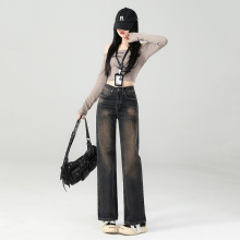 秋季高腰直筒设计感牛仔裤女美式复古黑灰色修身百搭长裤子批发