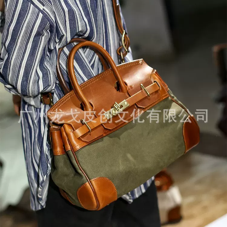 复古手工真皮小铂金包34cm 重工阿美咔叽女包帆布手提单肩凯莉包