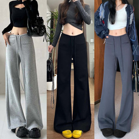 灰色高腰抽绳卫裤休闲裤女2025春新款宽松阔腿拖地裤显瘦直筒裤子