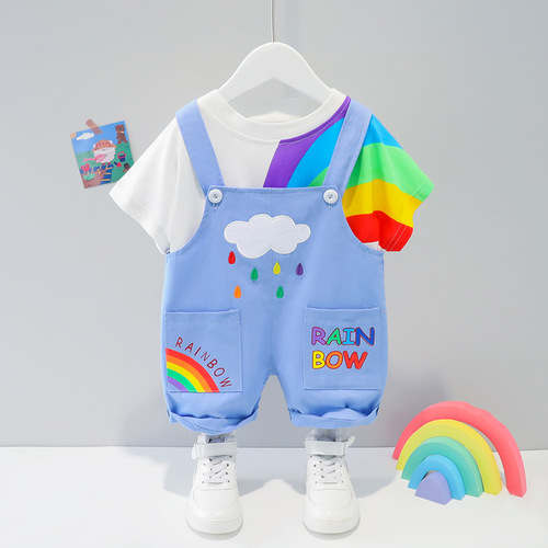Summer  New Children's Short Sleeve Set Boy and Girl Rainbow Overalls Two-Piece Set Dropshipping 1607