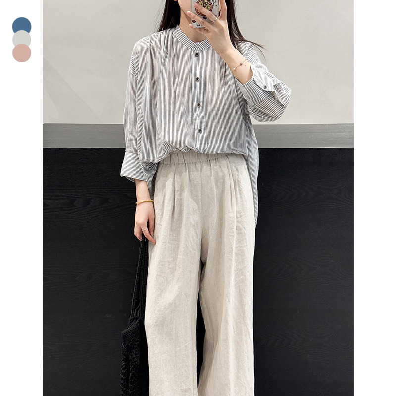 Plus Pure Cotton Women's Shirt Stand Collar Yarn-Dyed Stripesd Ultra-Thin Casual Sun Protection Clothing Half Placket Loose