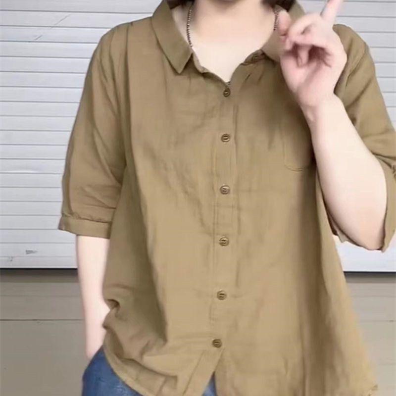 短袖纯色单排多扣显瘦棉麻衬衫设计感薄款衬衣上衣时尚百搭潮|undefined