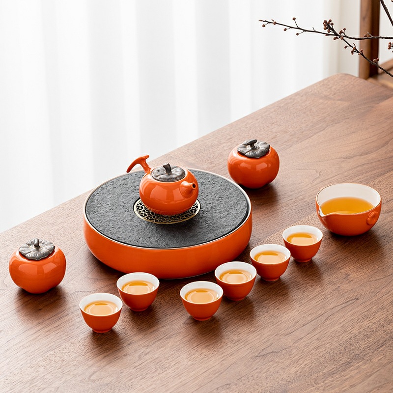 Peach Blossom Good Fortune Kung Fu Tea Set, including Tea Pot, Tea Leaf Can, Home Use, Living Room Simple Ceramic Tea Tray, High-end Gift Box