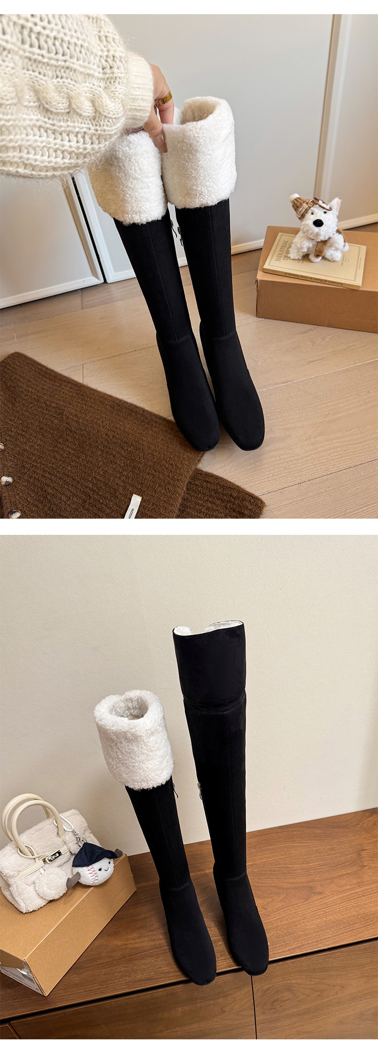 Boot nữ cổ cao ôm bắp chân lông cừu ấm, gót thô 5 cm, phong cách cưỡi ngựa — màu đen chi tiết 15