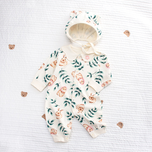 Spring New Little Princess Oil Painting Style Bunny Onesie Set for Newborn Infants Pure Cotton Placket Flower Edge Hat