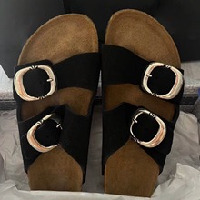 【现货】黑色圆扣勃肯凉拖鞋女夏新款露趾真皮厚底外穿防滑沙滩鞋