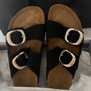 [in stock] Black Round Buckle Birkenth Sandals Women's Summer New Open Toe Leather Thick Sole Outer Wear Non-slip Beach Shoes