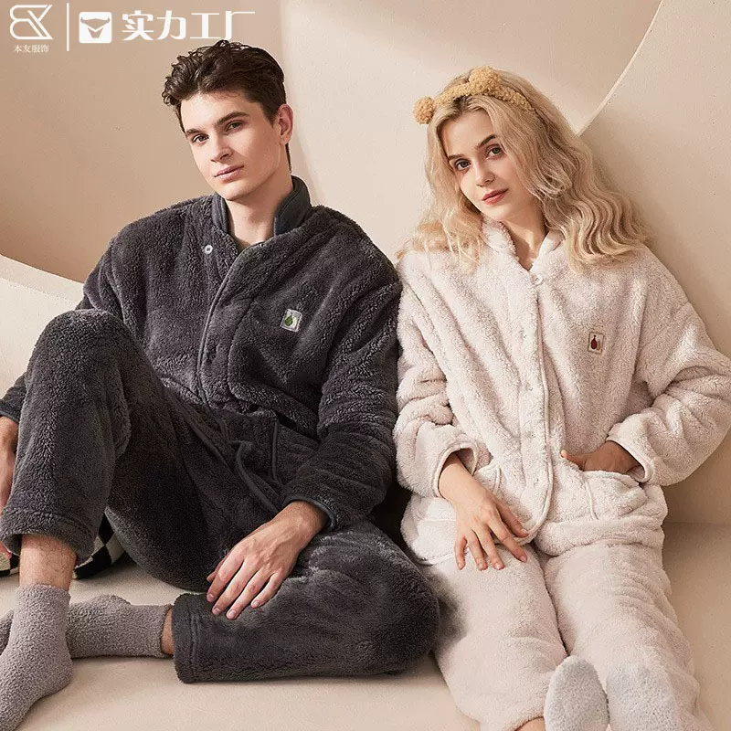 BY秋冬季情侣睡衣男士绒款珊瑚绒保暖家居服套装法兰绒加厚睡衣女