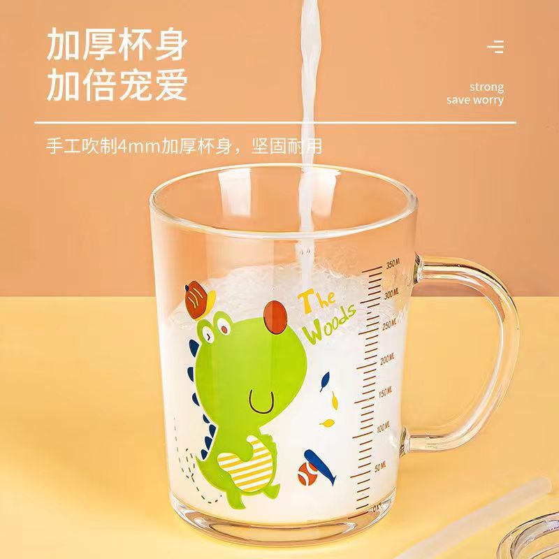 兒童吸管刻度玻璃杯牛奶杯兒童水杯加厚耐熱大容量帶透明蓋水杯