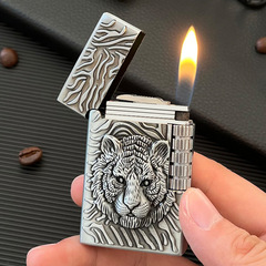 2023 Engraved Tiger Head Constantine Gas Lighter with Retro Open Flame and Butane Gas, Complete Gift Box