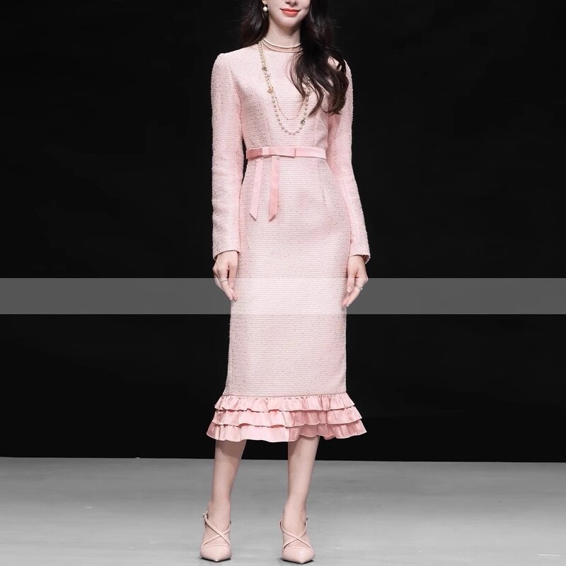 Autumn and Winter New Elegant Round Neck Tweed Bead Bow Waist dress Women
