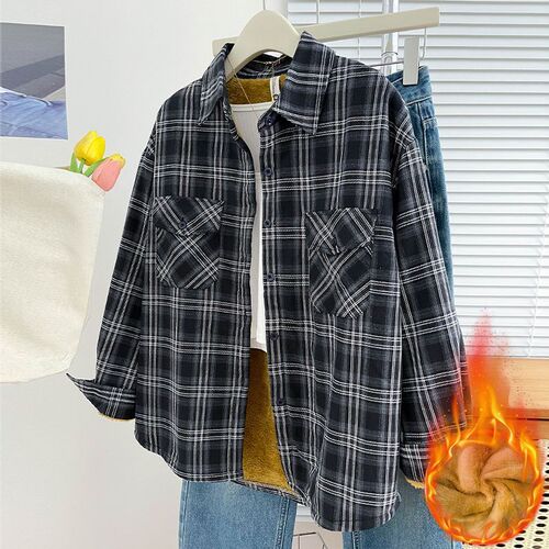 Retro sanded long-sleeved velvet lazy thick warm plaid shirt coat shirt loose new large size top