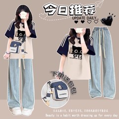 短袖T恤女初中生夏装2025新款学生宽松少女高中学生休闲套装穿搭