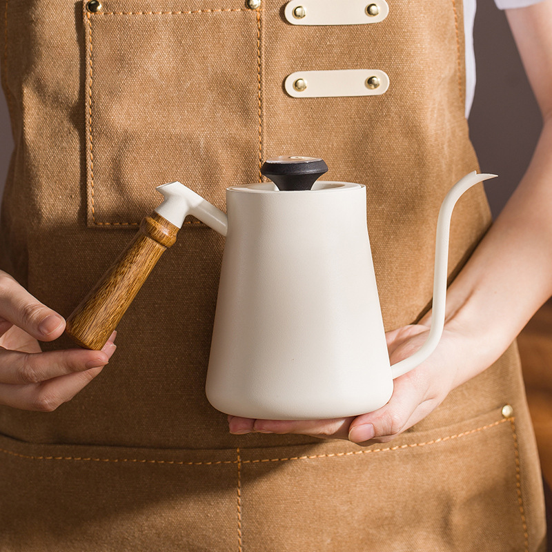 304 Stainless Steel Coffee Pour-Over Kettle with Thermometer, Wooden Handle, Thickened Teflon Long Spout Kettle