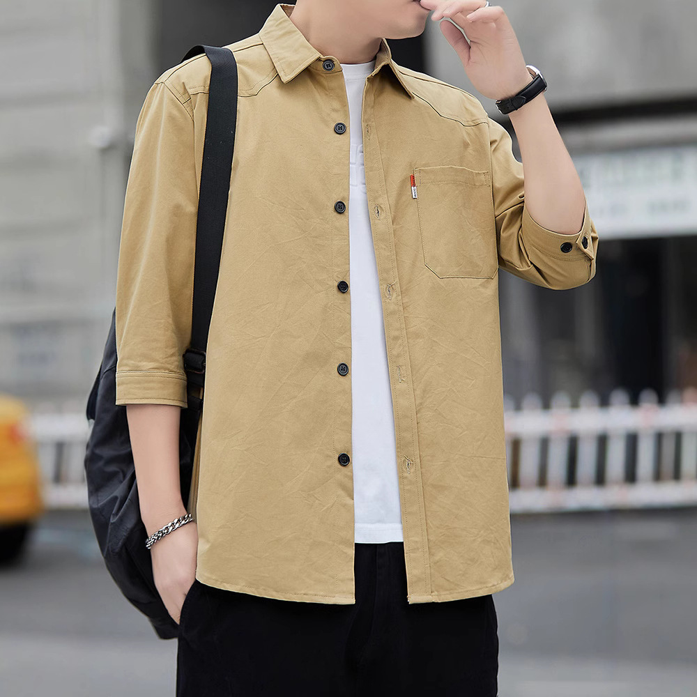 Cotton Spring and Summer Main Push 2025 New Shirt Men's Hong Kong Style Japanese Korean Style Fashionable Cotton Seven-Sleeve Shirt