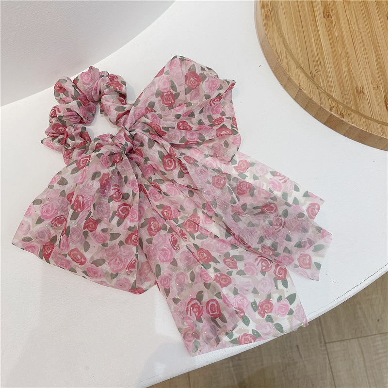 South Korea Dongdaemun Bowknot Large Intestine Streamer Hair Tie Imported Chiffon Rubber Band Floral Fairy Sausage Ring Super Fairy Internet Celebrity