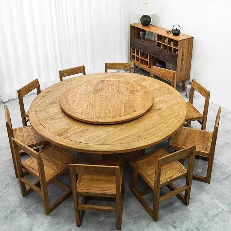 Wabi-Sabi Style Antique Furniture Old Elm Dining Table Solid Wood Round Dining Table B&B Large Round Table Turntable Table and Chairs Retro Restaurant